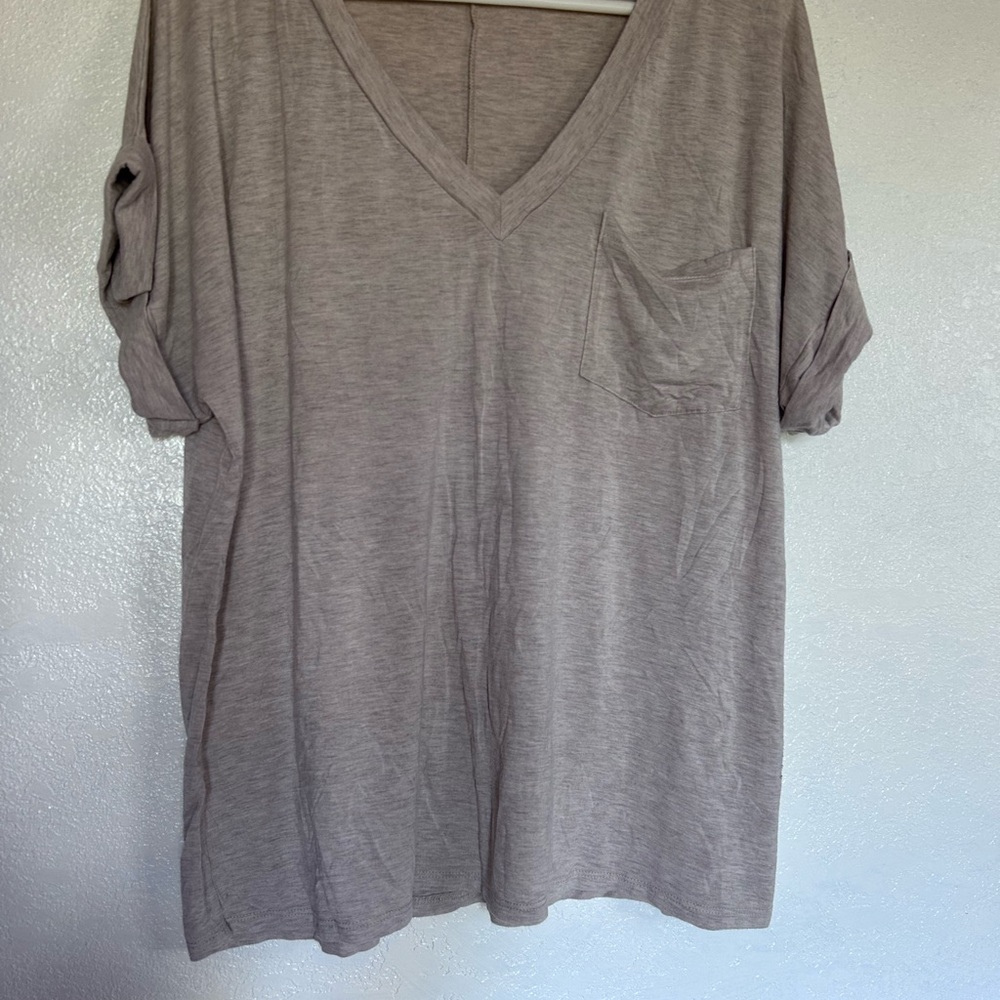 Michelle Mae Taupe V-Neck Short Sleeve Pocket Tee